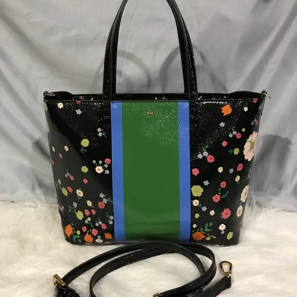 Tory Burch Patent Leather Medium Tote Flowers Kerrington EUC